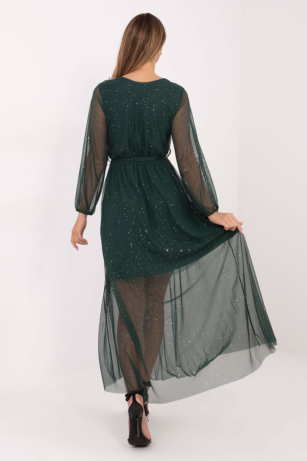 Maxikleid Damen Netzstoff mit Gürtel & Gummizug | Abendkleid