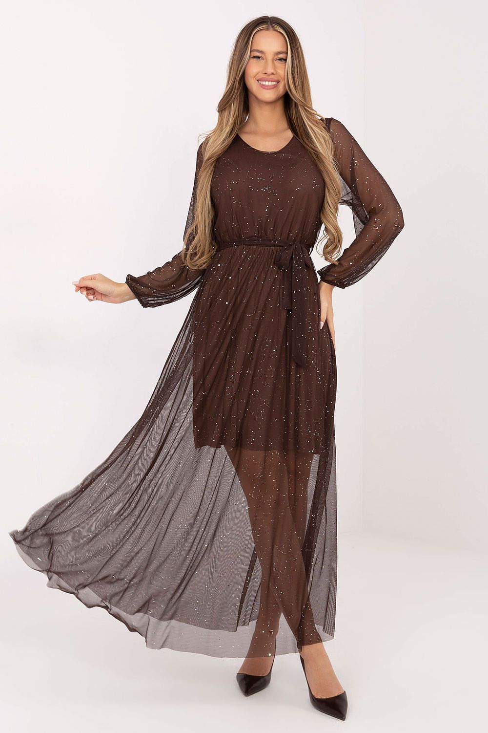 Maxikleid Damen Netzstoff mit Gürtel & Gummizug | Abendkleid