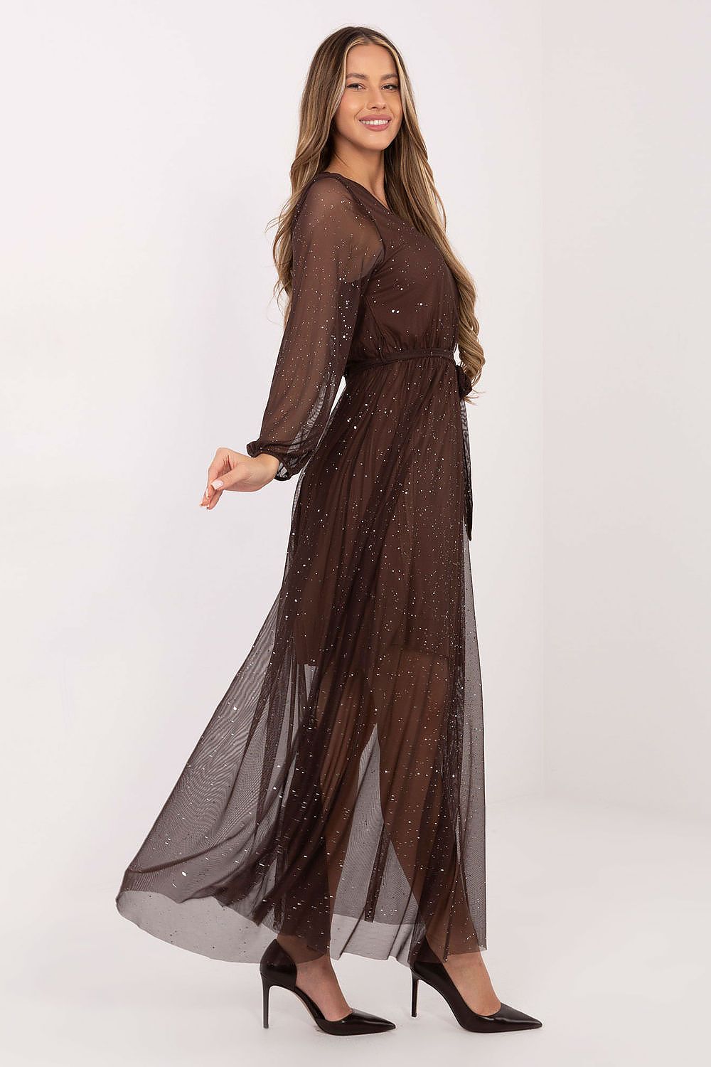 Maxikleid Damen Netzstoff mit Gürtel & Gummizug | Abendkleid
