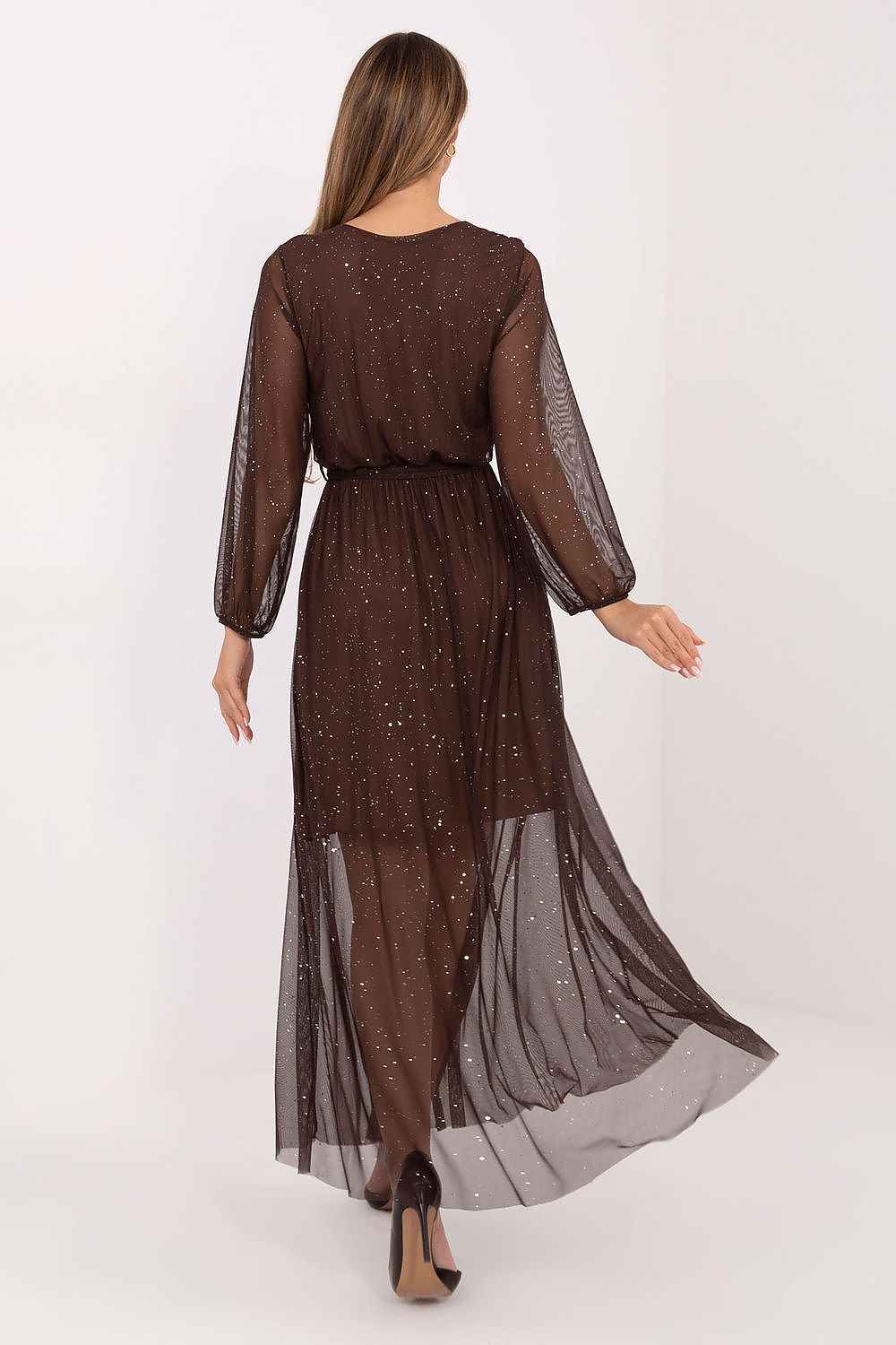 Maxikleid Damen Netzstoff mit Gürtel & Gummizug | Abendkleid