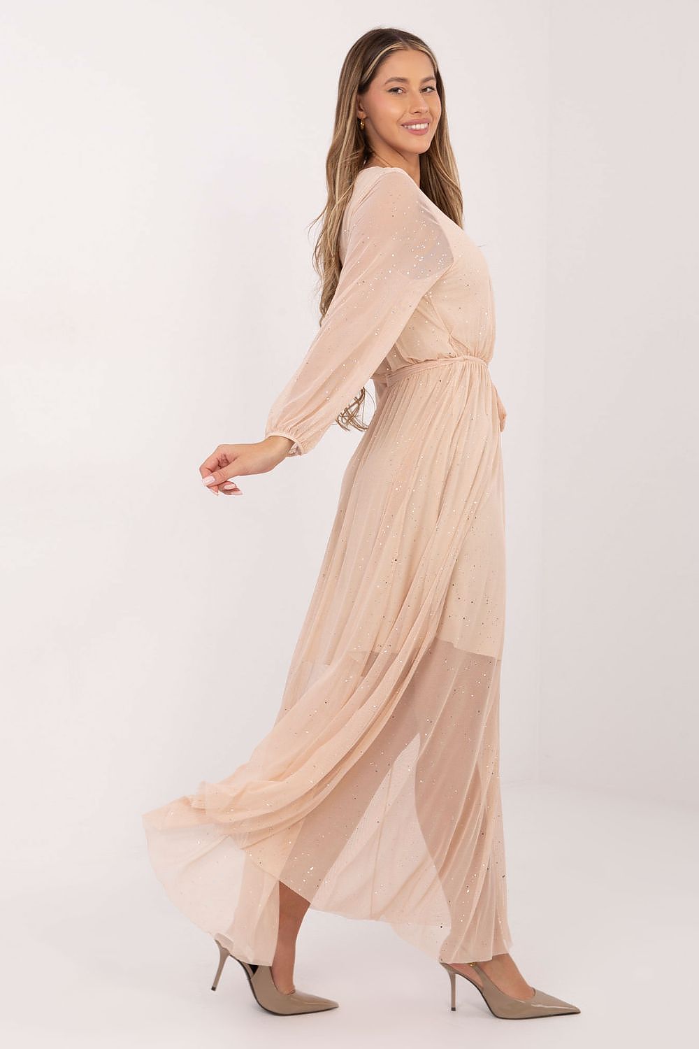 Maxikleid Damen Netzstoff mit Gürtel & Gummizug | Abendkleid