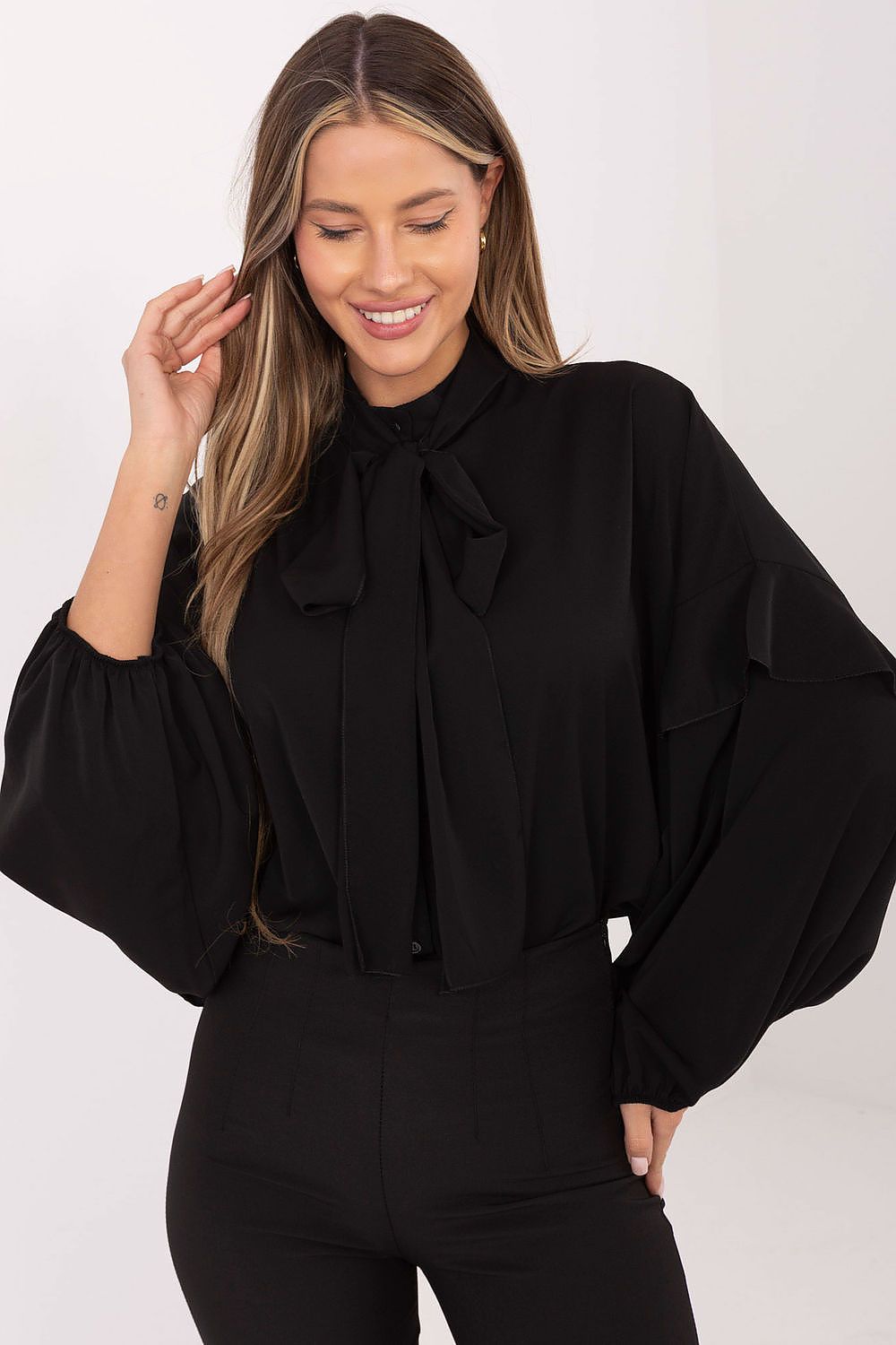 Hemd Damen Langarm Puffärmel Schleife Elegant