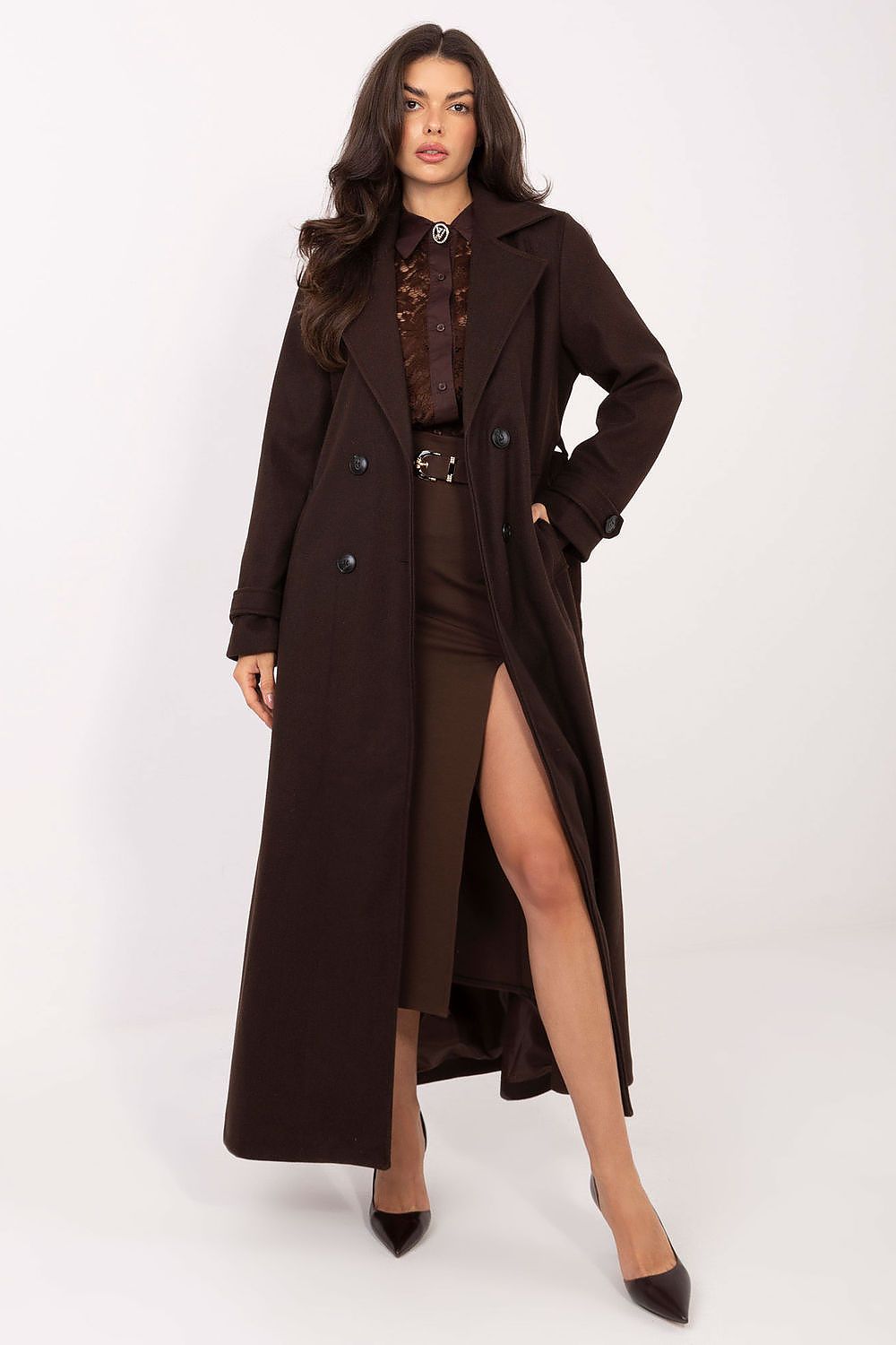 Damen Mantel Lang Elegant Zweireihig mit Gürtel