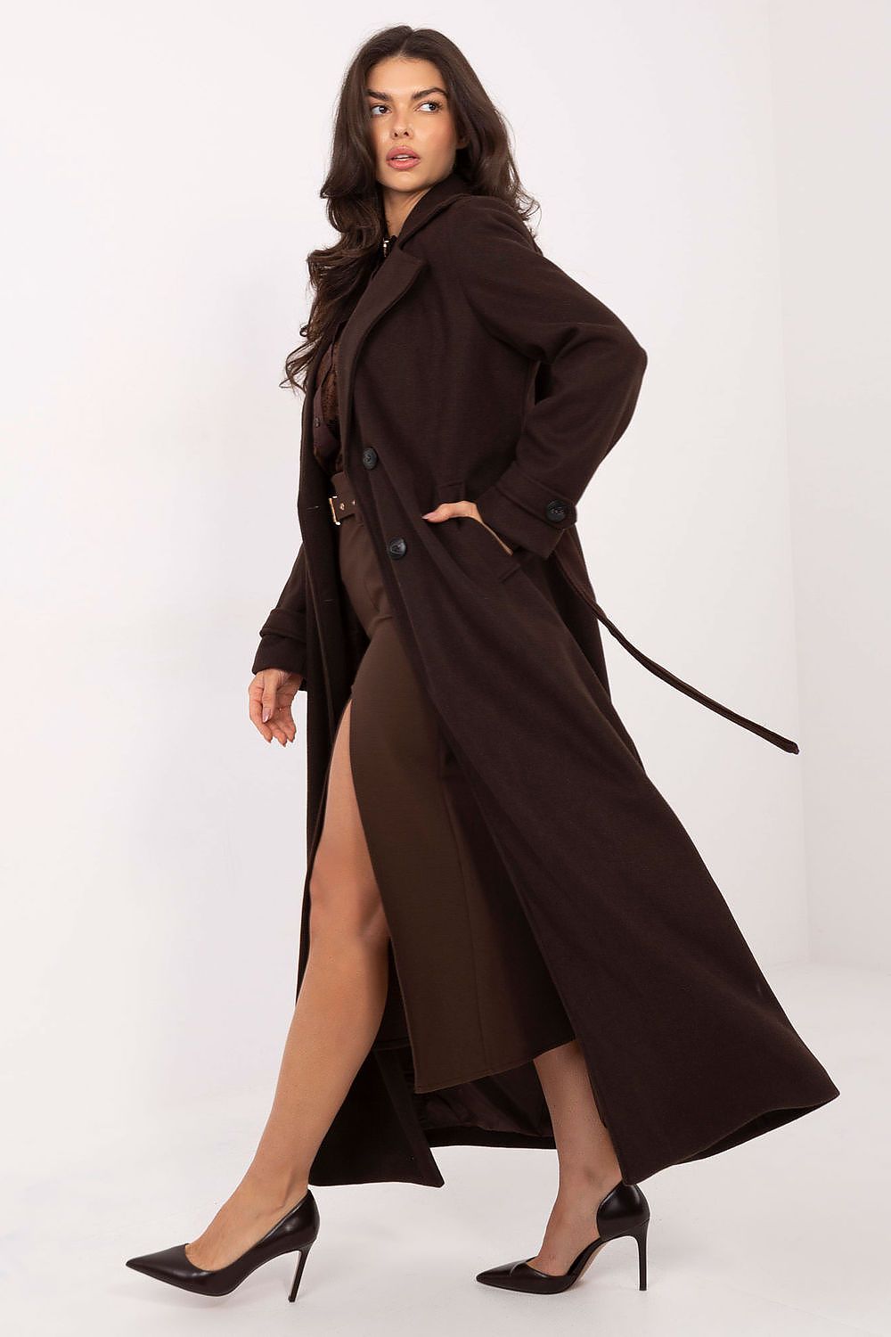 Damen Mantel Lang Elegant Zweireihig mit Gürtel