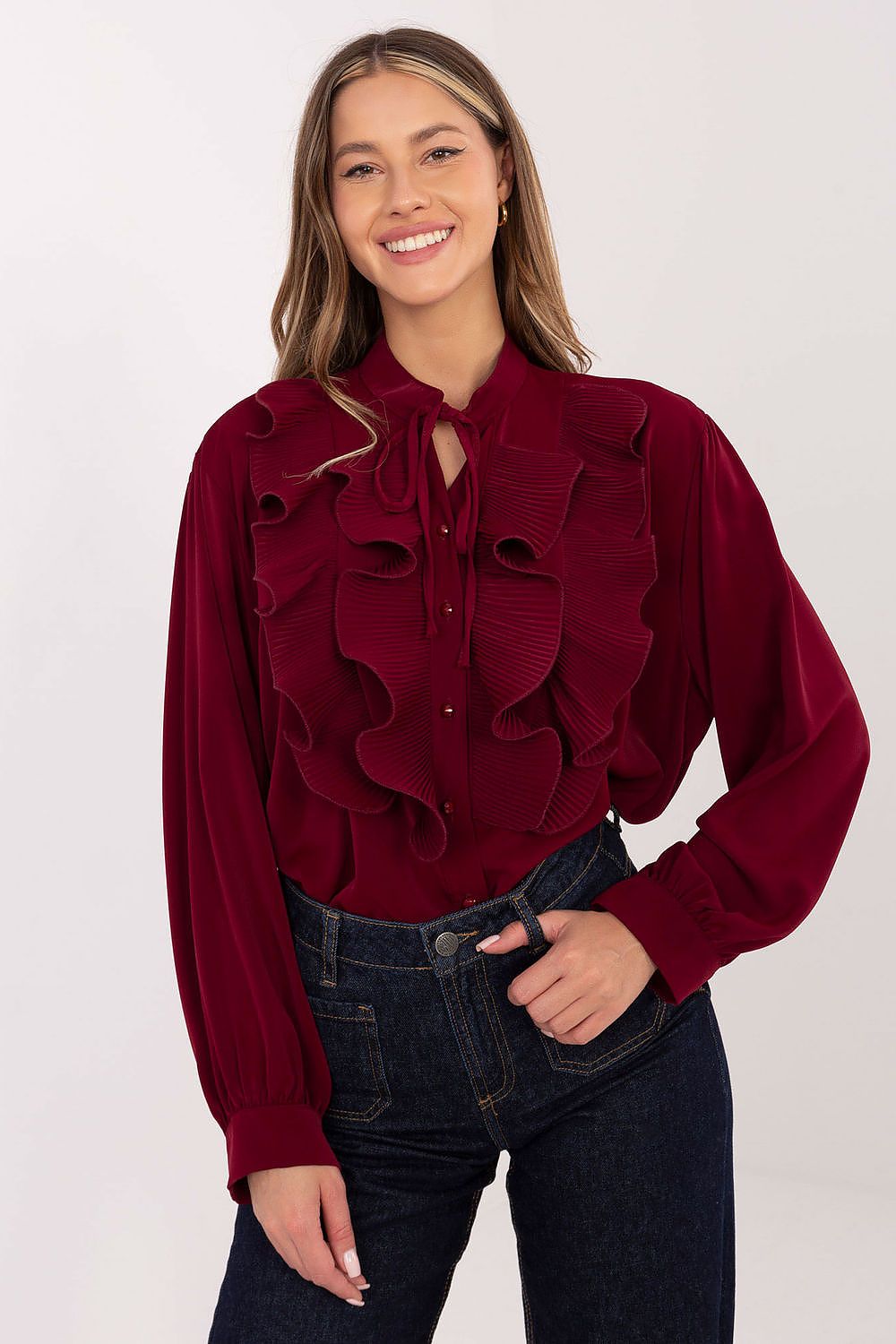Bluse Damen Elegant Jabot Puffärmel