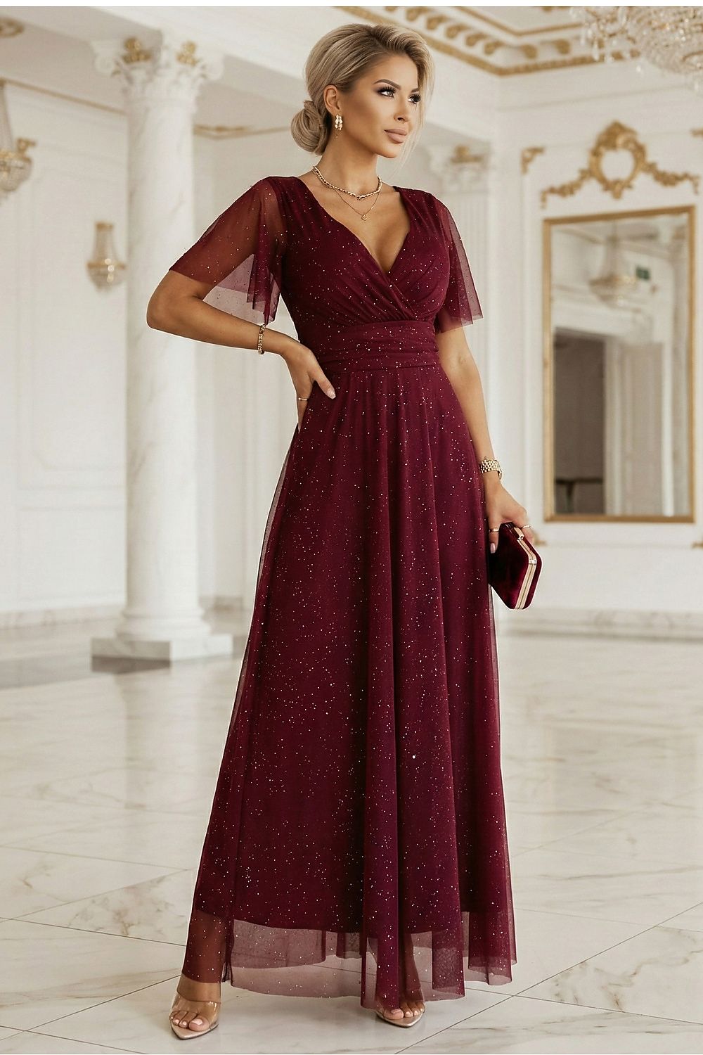 Damen Maxikleid Glänzend V-Ausschnitt Festlich