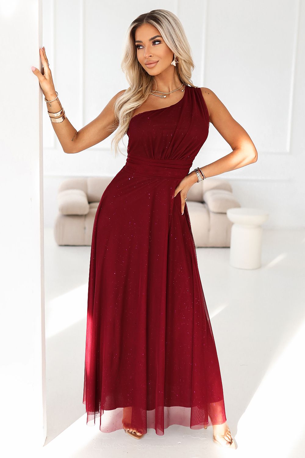 Damen Maxikleid One-Shoulder Gürtel Abend