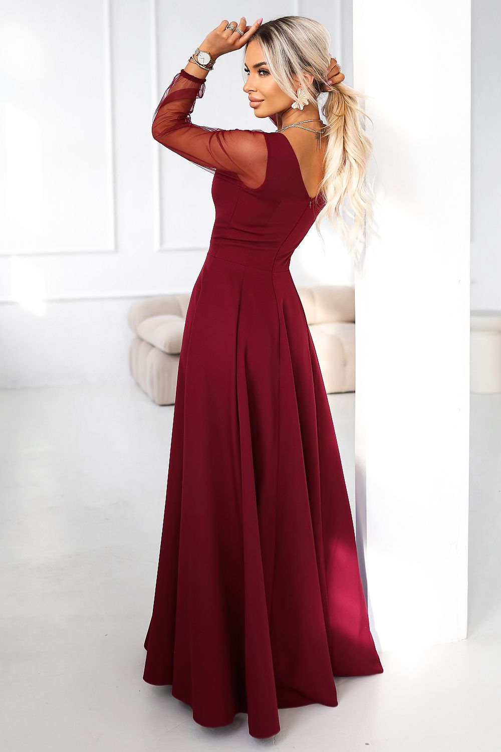 Ballkleid Damen Tüll Transparentärmel Maxi Elegant