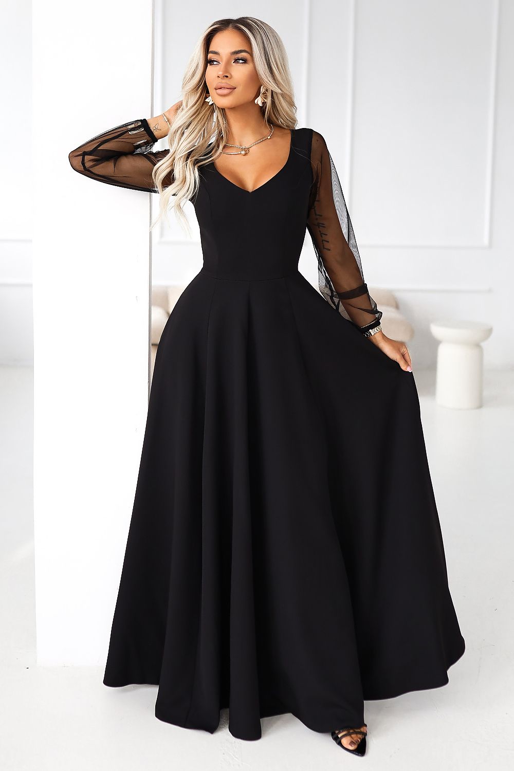 Ballkleid Damen Tüll Transparentärmel Maxi Elegant