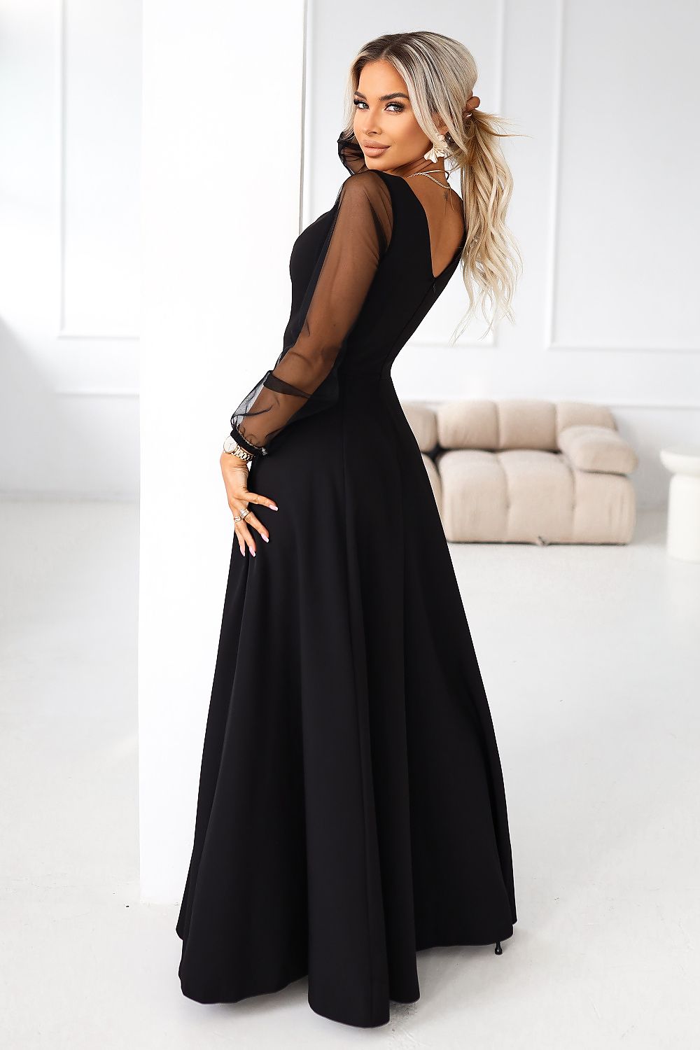 Ballkleid Damen Tüll Transparentärmel Maxi Elegant