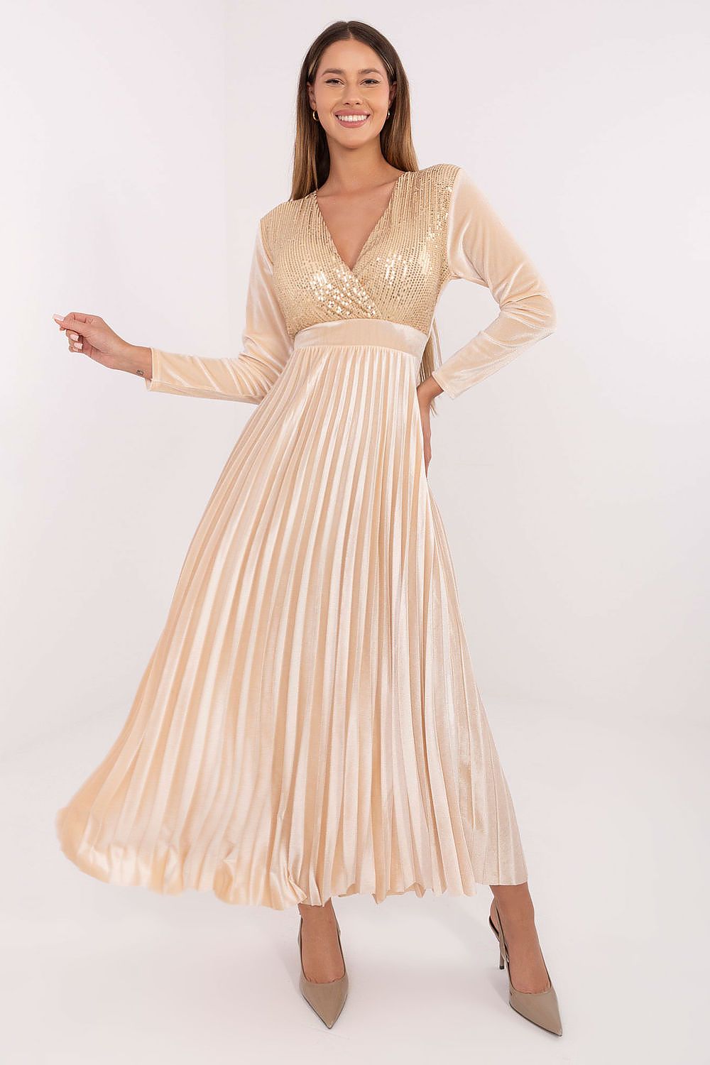 Maxikleid Damen Pailletten & Plisseerock mit Rückenschnürung | Abendkleid