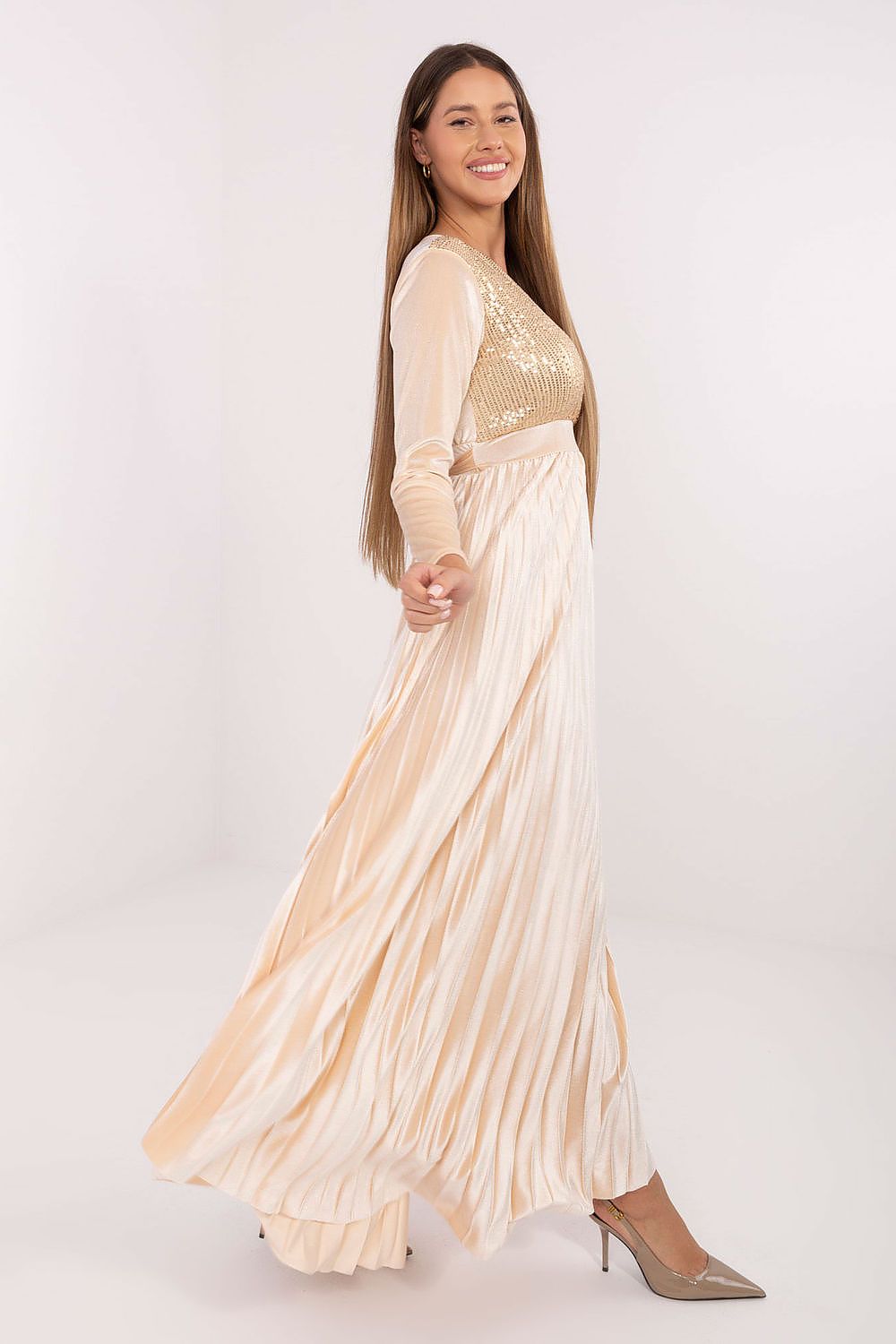 Maxikleid Damen Pailletten & Plisseerock mit Rückenschnürung | Abendkleid