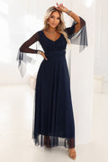 Damen Abendkleid Brokat Schmetterlingsärmel Gürtel Maxi
