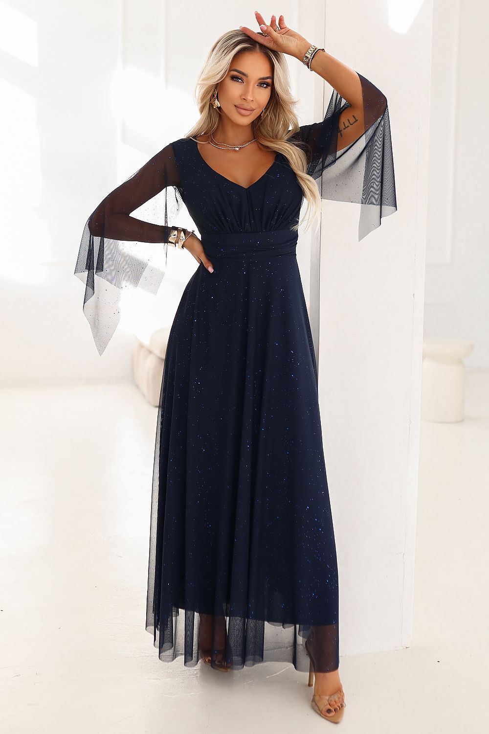 Damen Abendkleid Brokat Schmetterlingsärmel Gürtel Maxi