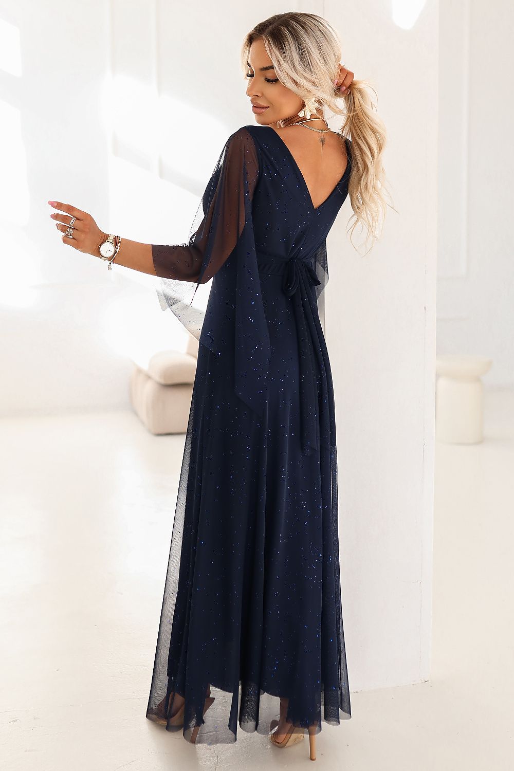 Damen Abendkleid Brokat Schmetterlingsärmel Gürtel Maxi