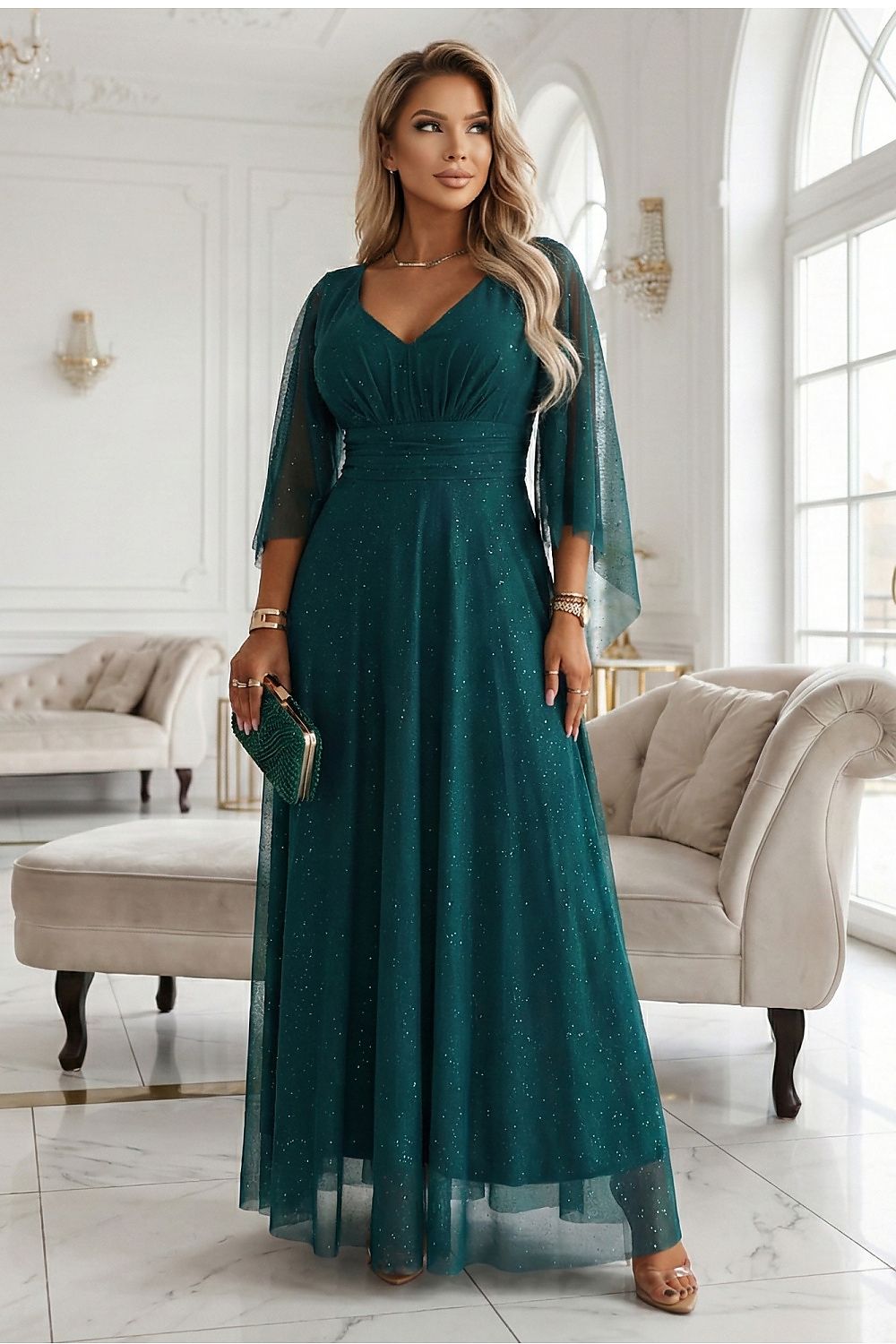 Damen Abendkleid Brokat Schmetterlingsärmel Gürtel Maxi