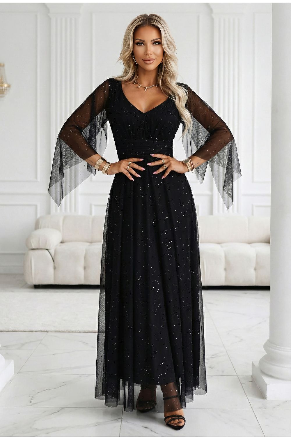 Damen Abendkleid Brokat Schmetterlingsärmel Gürtel Maxi