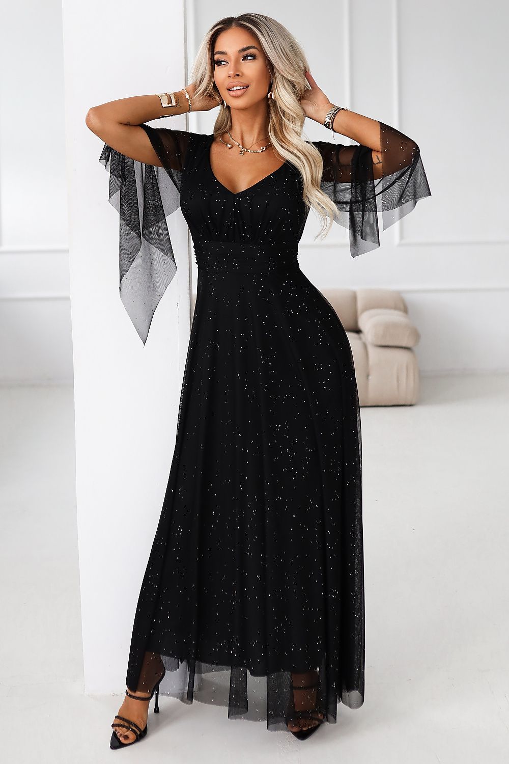 Damen Abendkleid Brokat Schmetterlingsärmel Gürtel Maxi
