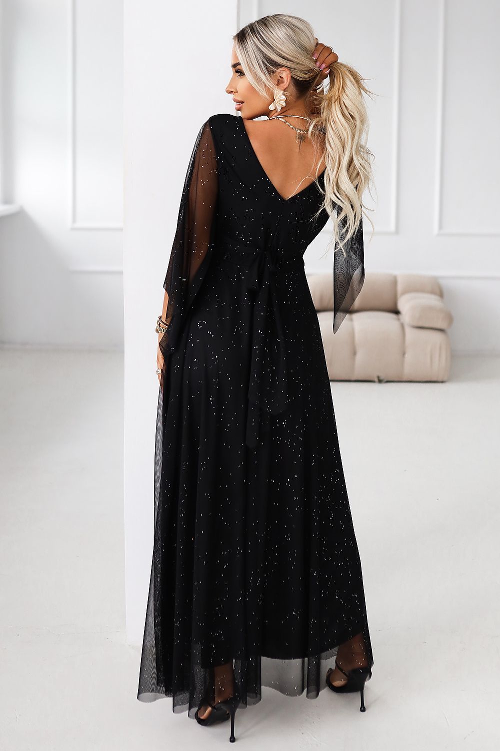 Damen Abendkleid Brokat Schmetterlingsärmel Gürtel Maxi