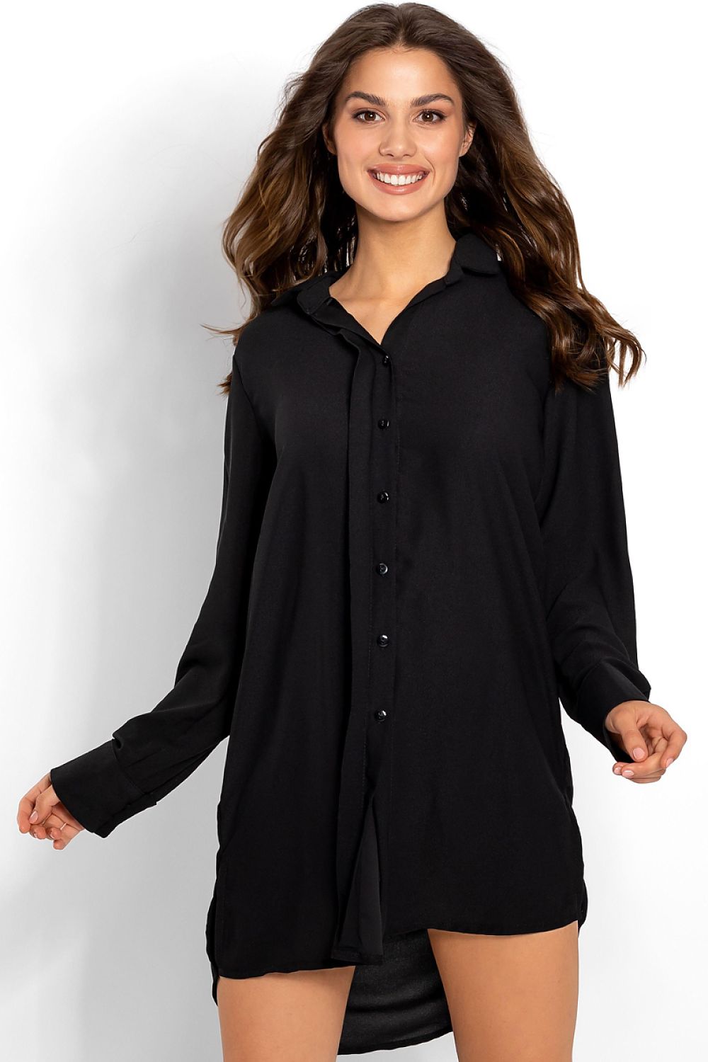 Nachthemd Damen langarm schwarz – Knopfverschluss locker