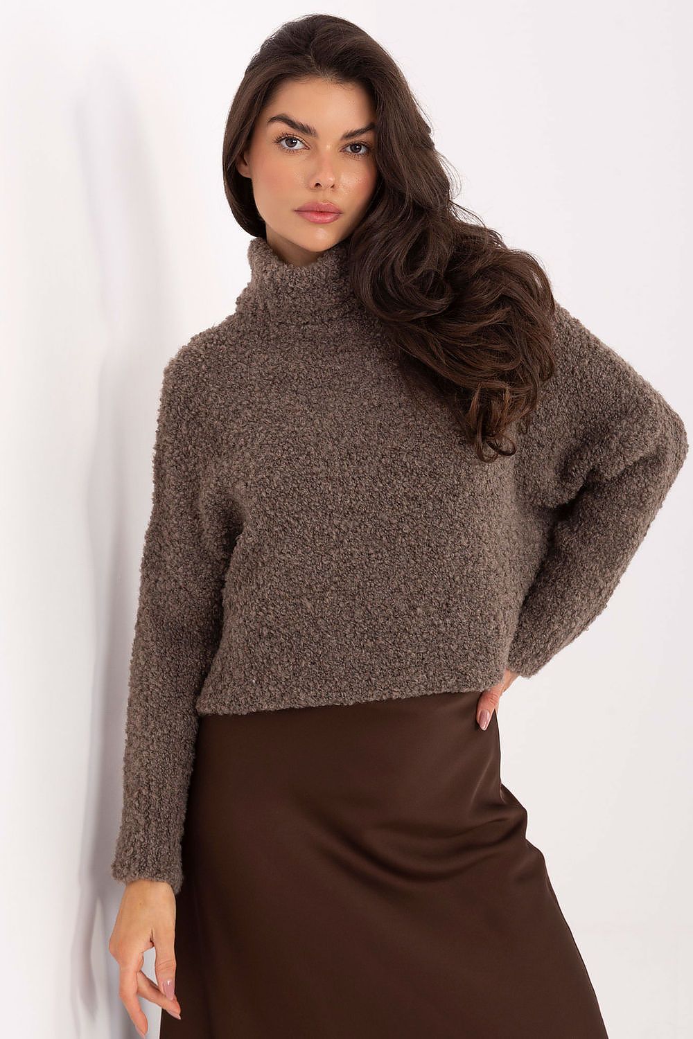 Rollkragenpullover Damen Bouclé Lang Wolle Acryl