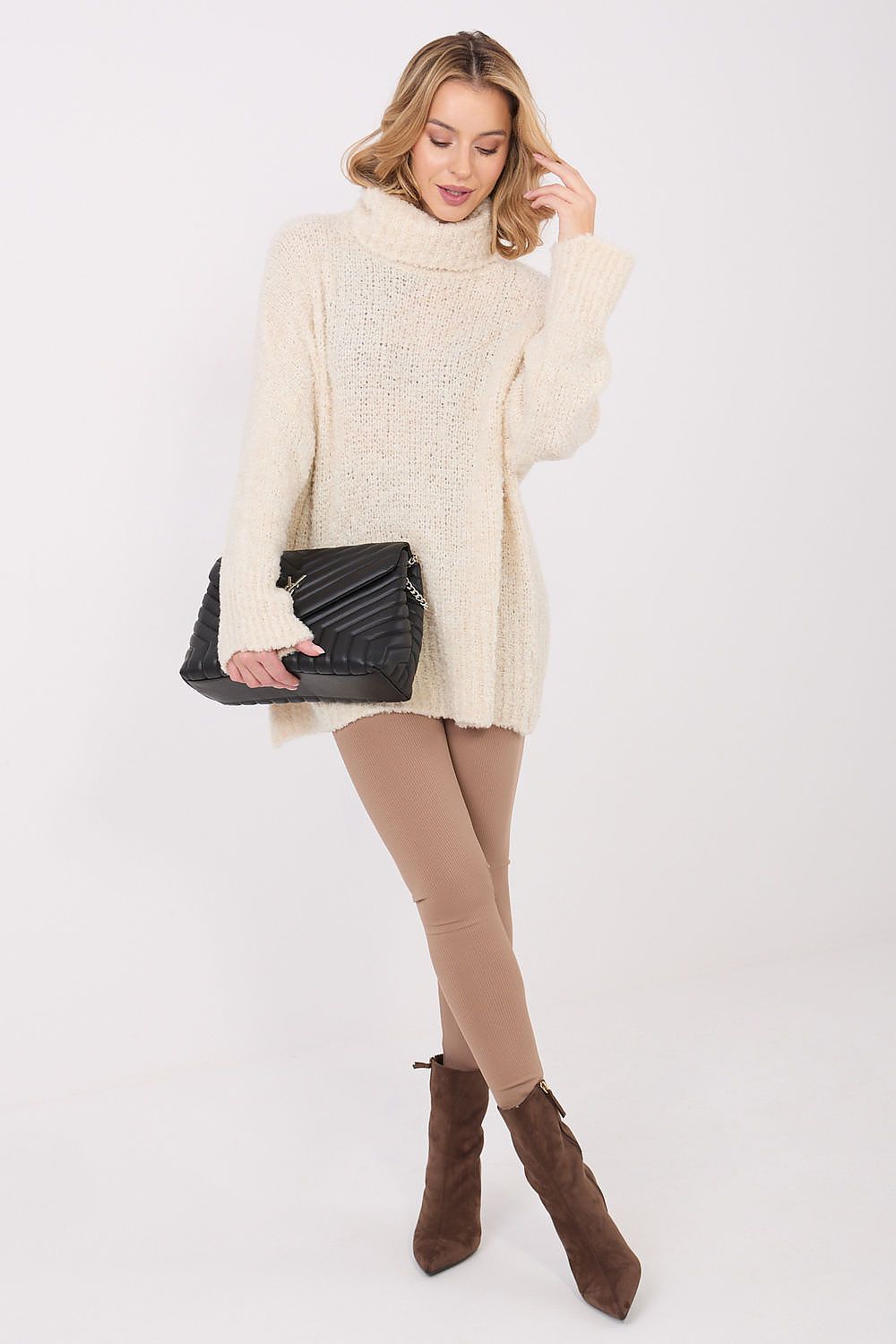 Rollkragenpullover Damen Bouclé Lang Wolle Acryl