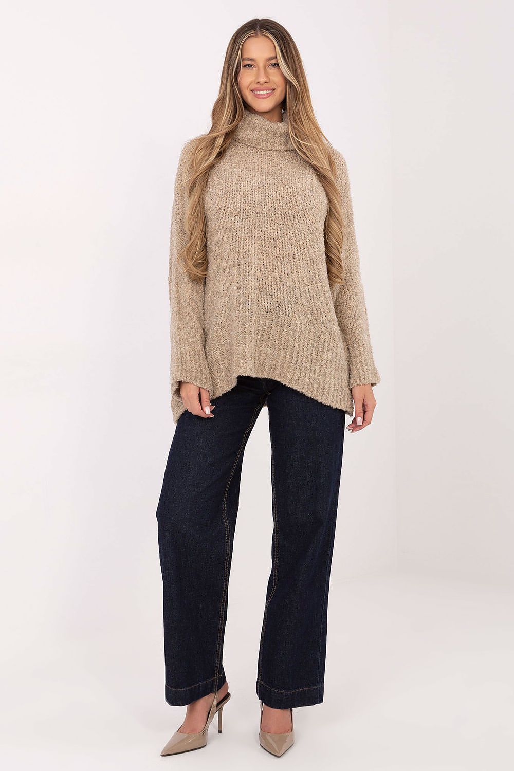 Rollkragenpullover Damen Bouclé Lang Wolle Acryl