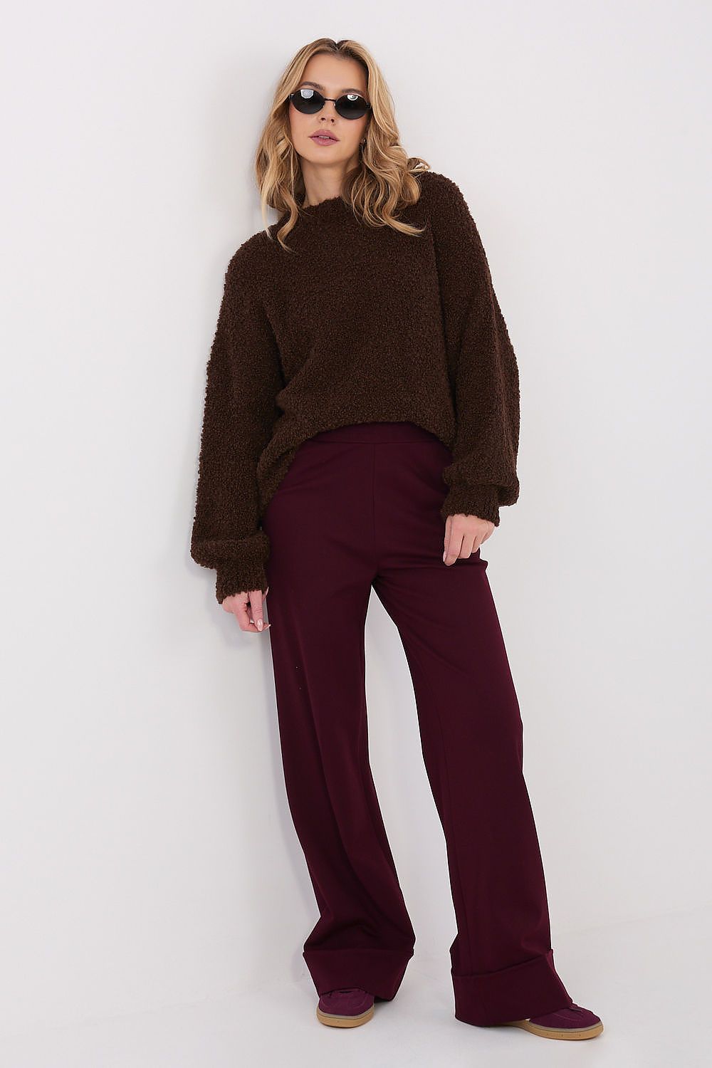 Oversize Pullover Damen Puffärmel Wolle Acryl Rundhals