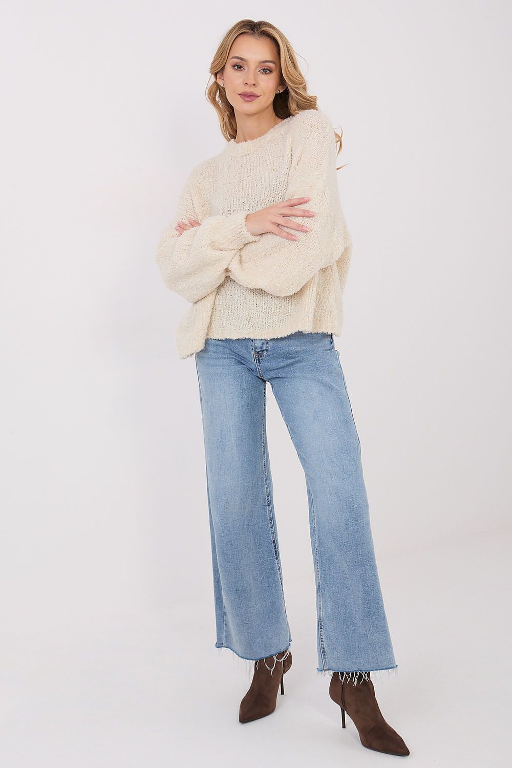 Oversize Pullover Damen Puffärmel Wolle Acryl Rundhals