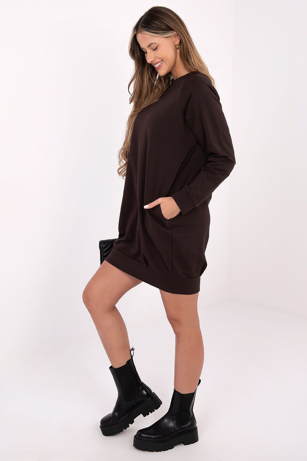 Sweatkleid Damen Baumwolle Langarm Knielang Casual