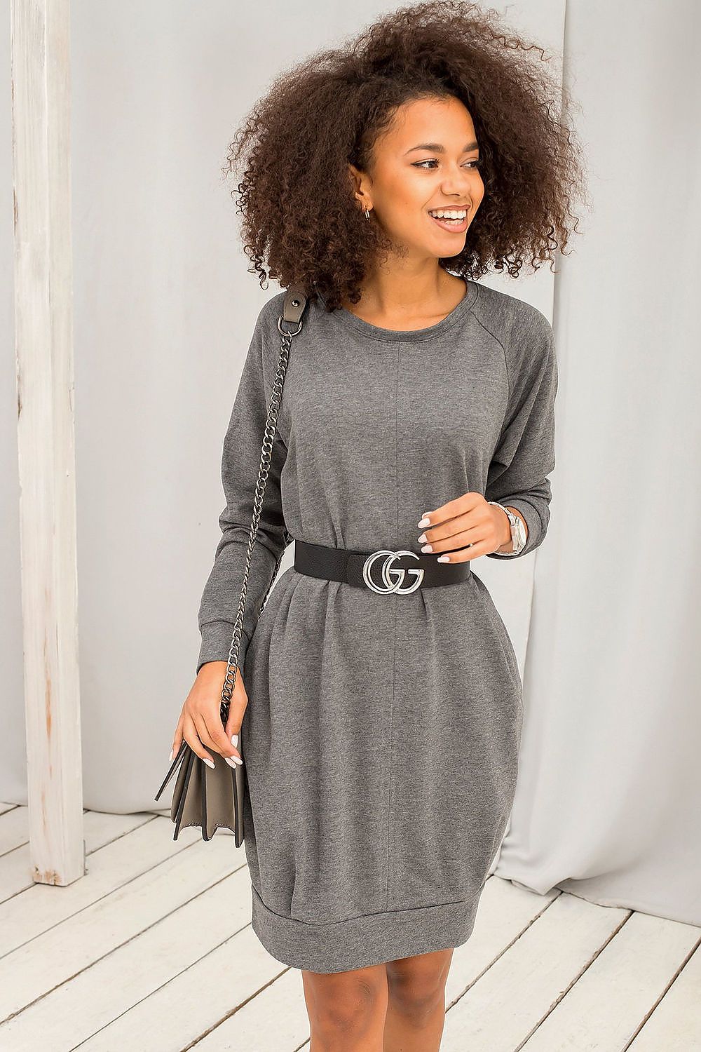 Sweatkleid Damen Baumwolle Langarm Knielang Casual