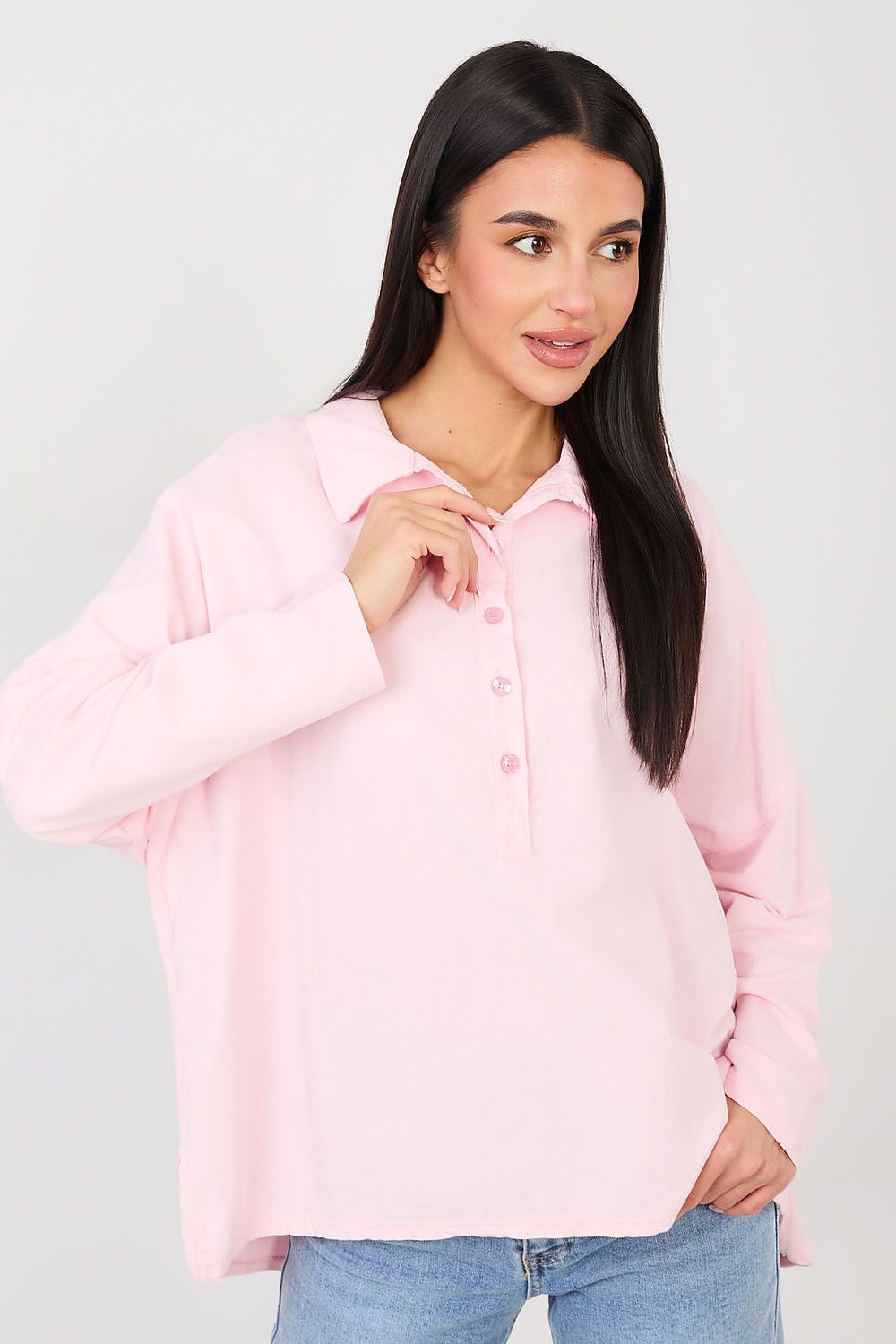 Bluse Damen Langarm Kragen Knopfleiste Baumwolle