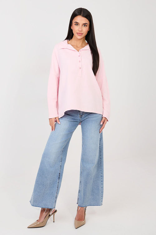 Bluse Damen Langarm Kragen Knopfleiste Baumwolle