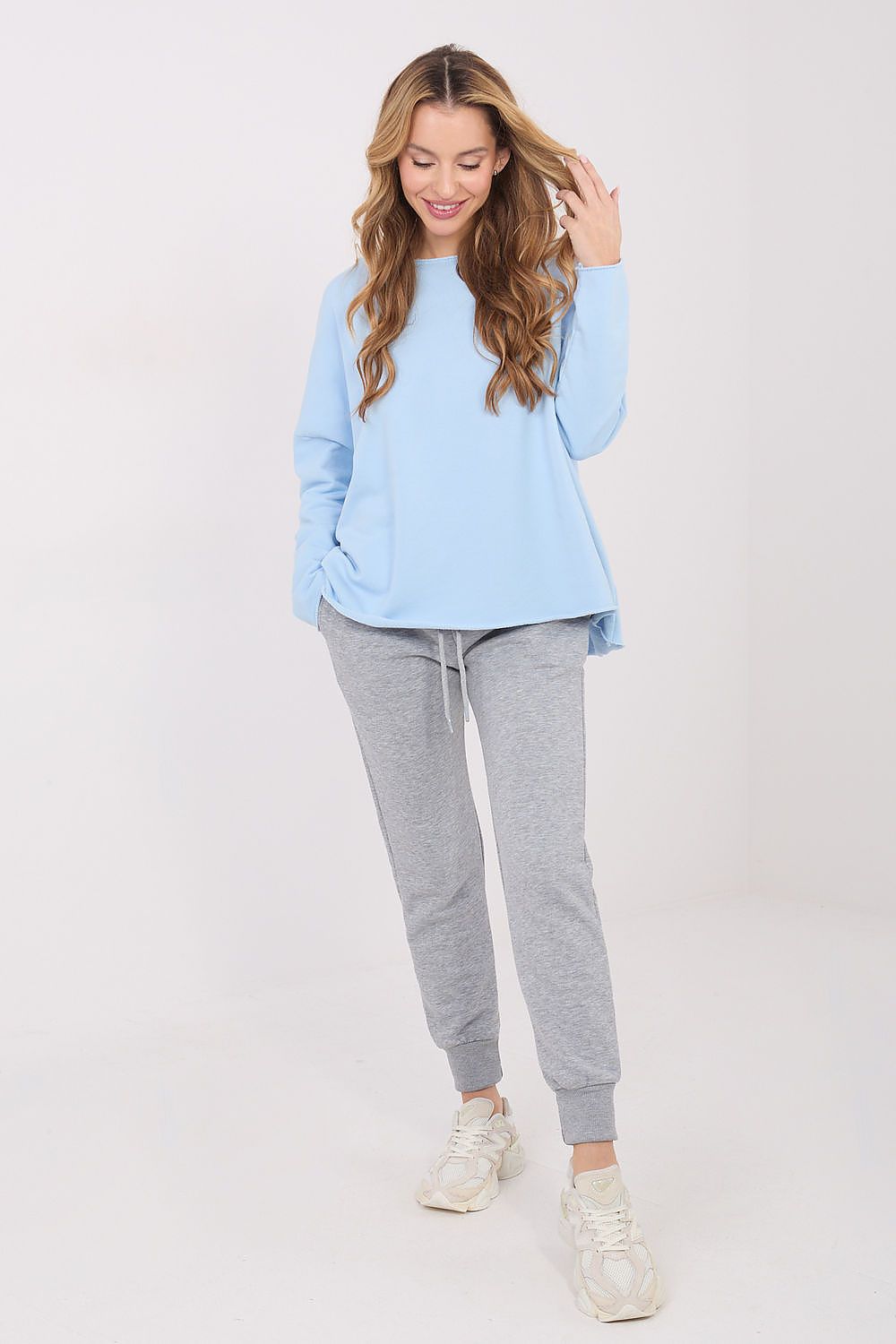 Oversize Top Damen Langarm Rundhals Baumwolle