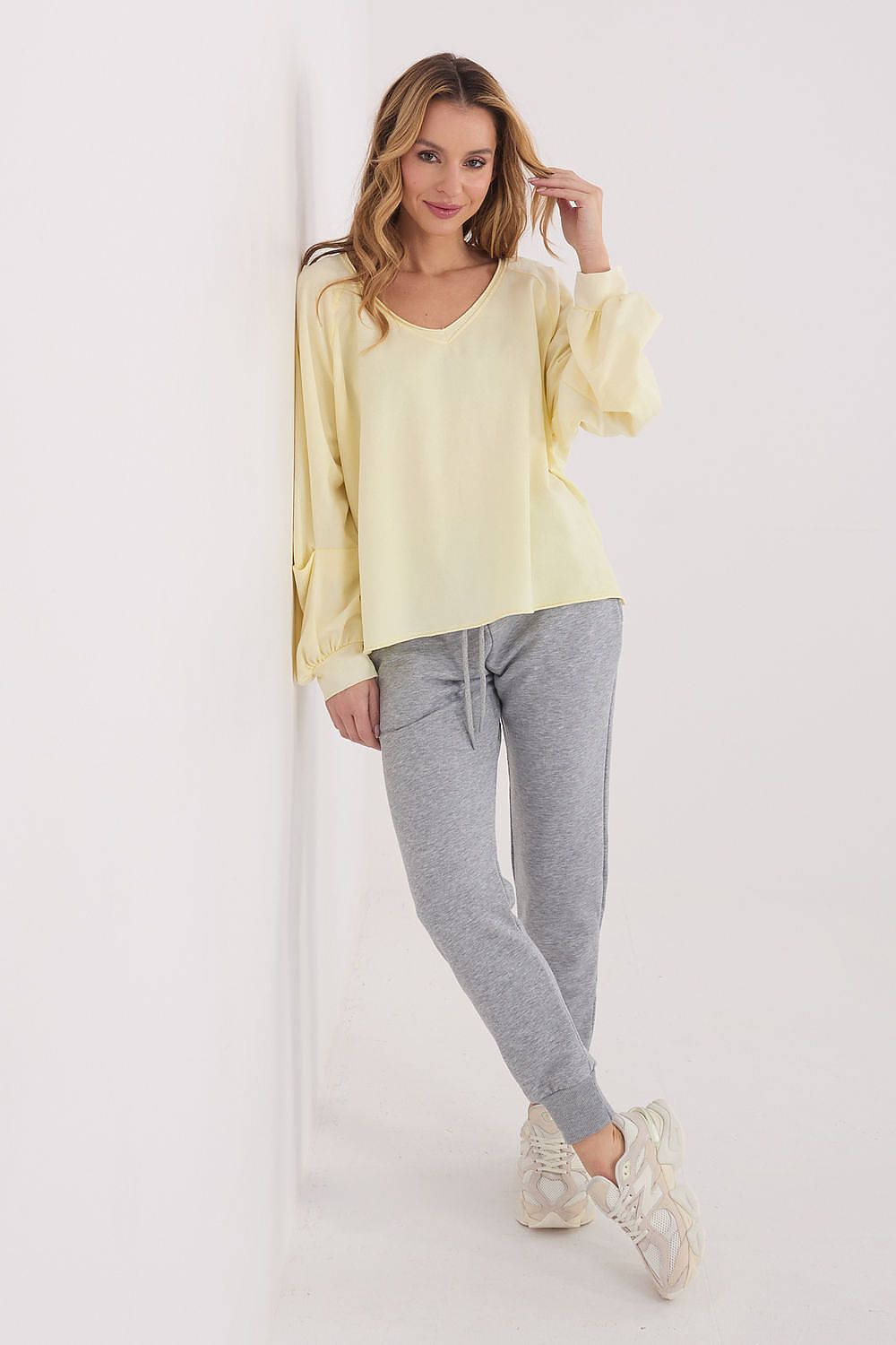 Bluse Damen V-Ausschnitt Puffärmel Baumwolle Universalgröße