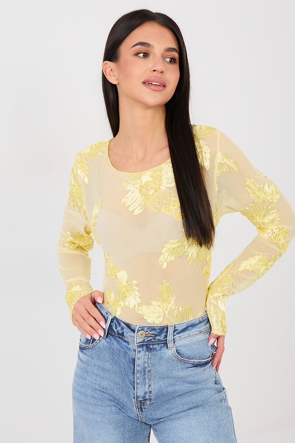 Netz-Top Damen – Elegantes Langarm-Top mit Blumenstickerei