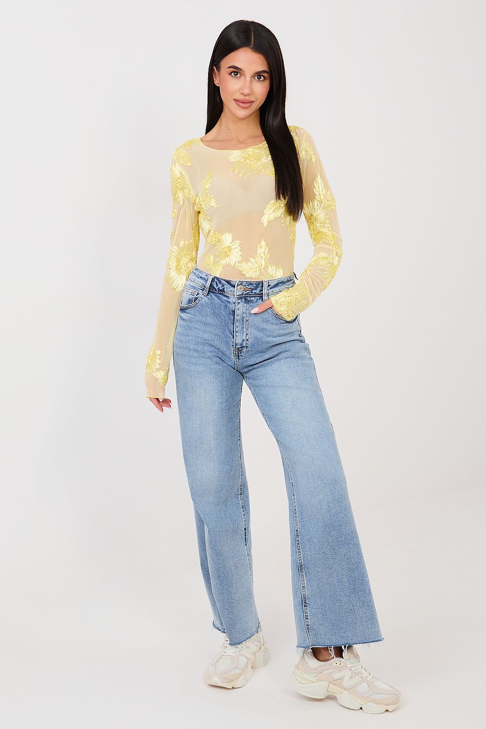 Netz-Top Damen – Elegantes Langarm-Top mit Blumenstickerei