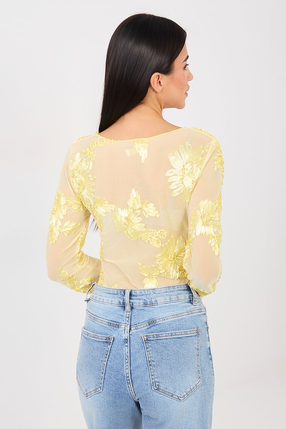 Netz-Top Damen – Elegantes Langarm-Top mit Blumenstickerei