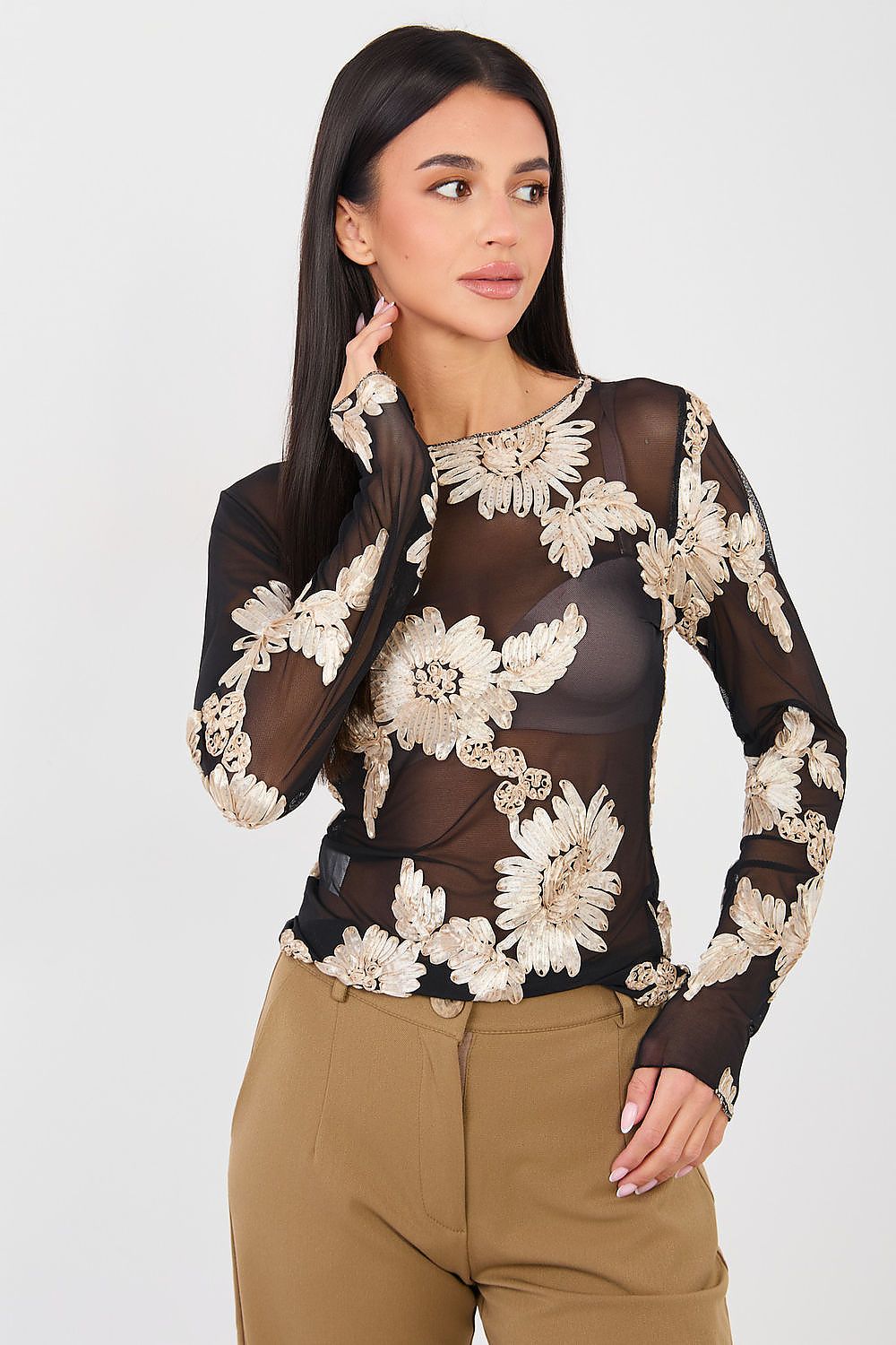 Netz-Top Damen – Elegantes Langarm-Top mit Blumenstickerei
