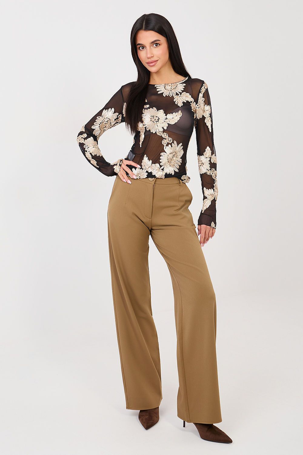 Netz-Top Damen – Elegantes Langarm-Top mit Blumenstickerei