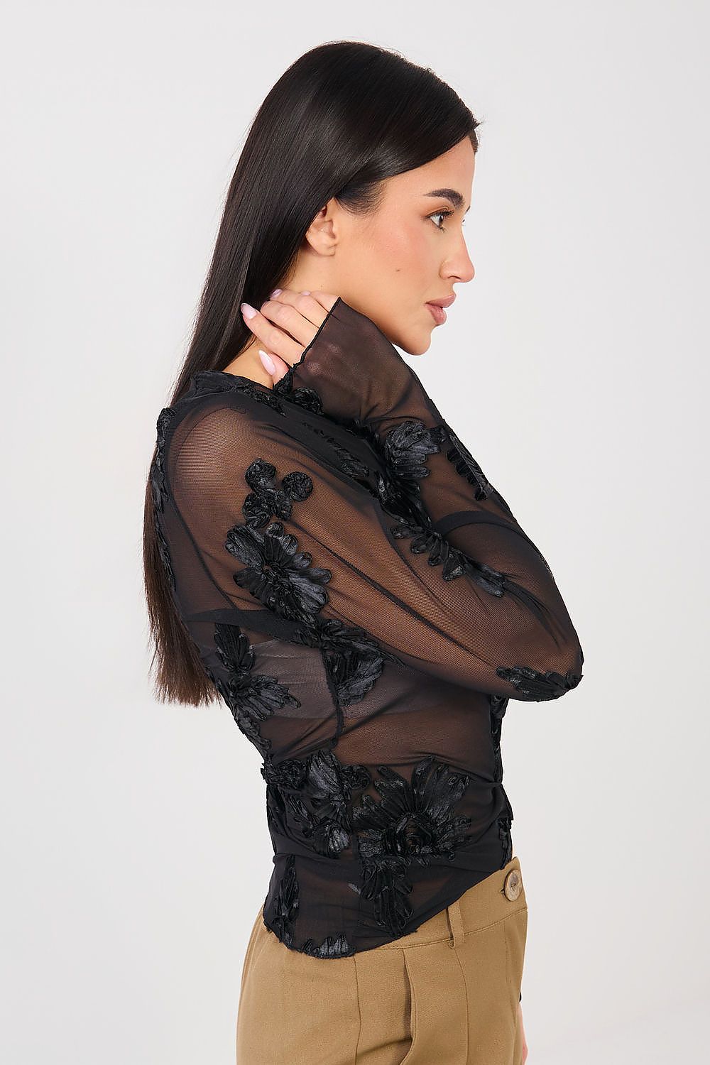 Netz-Top Damen – Elegantes Langarm-Top mit Blumenstickerei