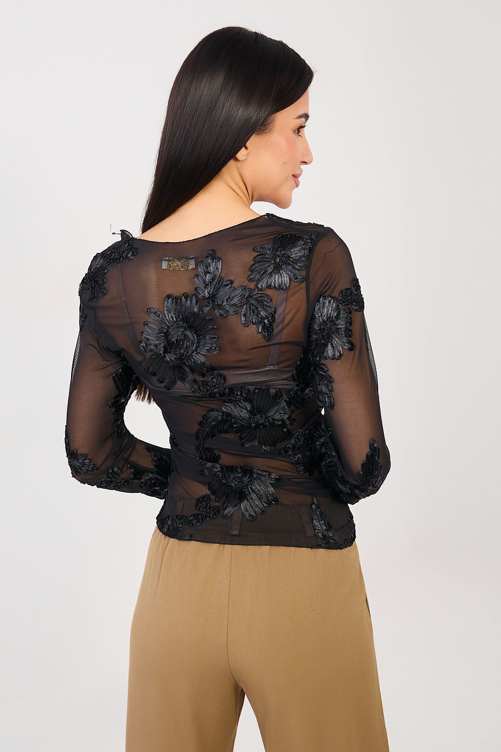 Netz-Top Damen – Elegantes Langarm-Top mit Blumenstickerei