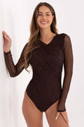 Body Damen Langarm V-Ausschnitt Spitze Elegant Universalgröße