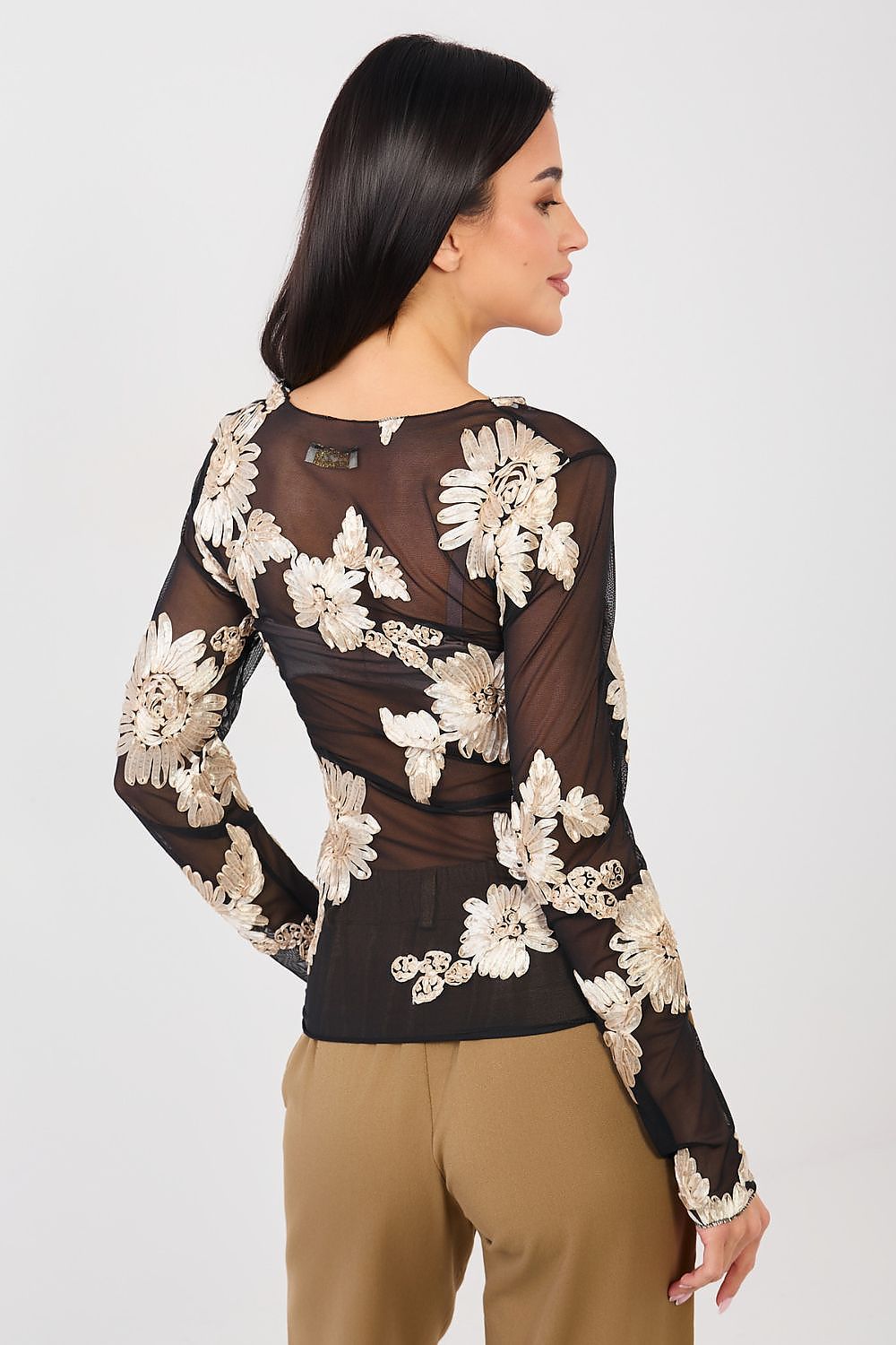 Netz-Top Damen – Elegantes Langarm-Top mit Blumenstickerei