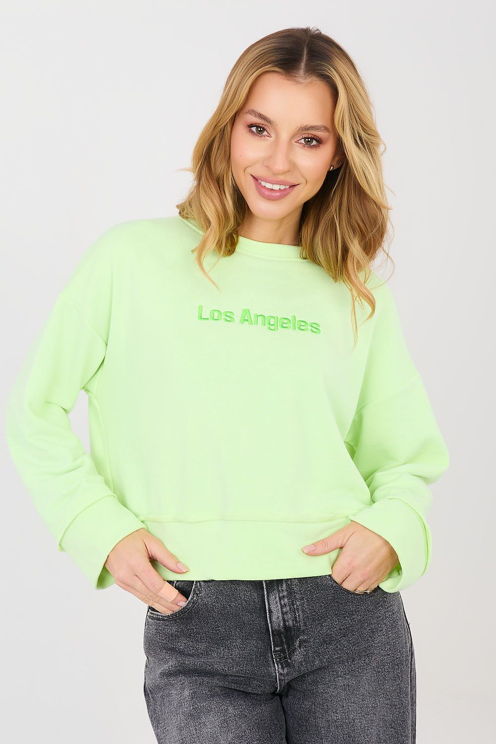 Cropped Sweatshirt Damen Stickerei Rundhals Baumwolle