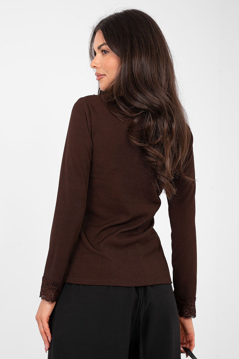 Gerippte Bluse Damen – Elegantes Langarm-Top mit Spitzendetails