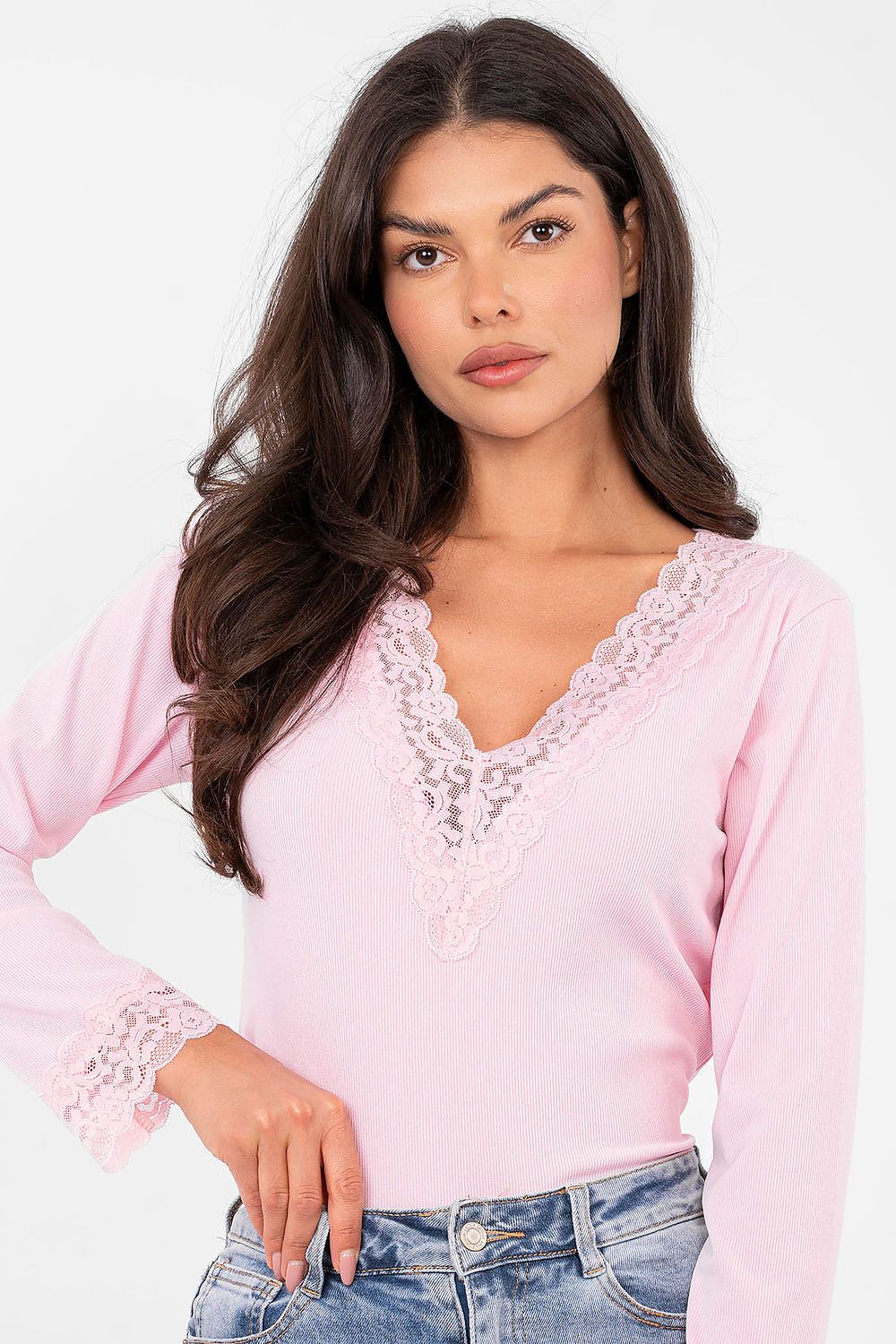 Gerippte Bluse Damen – Elegantes Langarm-Top mit Spitzendetails