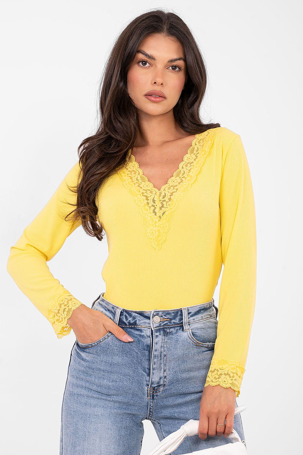 Gerippte Bluse Damen – Elegantes Langarm-Top mit Spitzendetails
