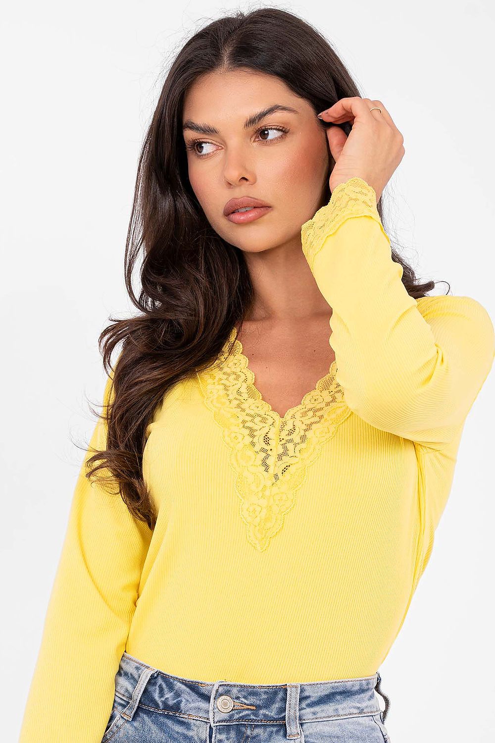 Gerippte Bluse Damen – Elegantes Langarm-Top mit Spitzendetails