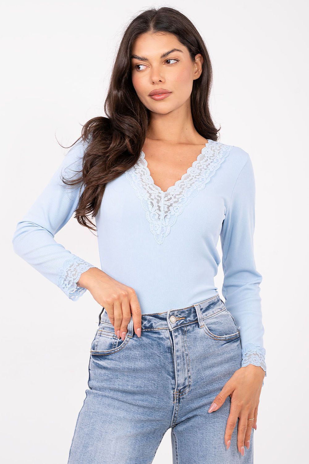 Gerippte Bluse Damen – Elegantes Langarm-Top mit Spitzendetails
